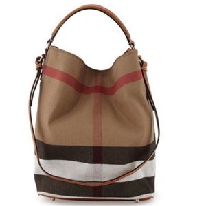 BURBERRY brown leather trim medium ASHBY beige CANVAS CHECK convertible Tote bag